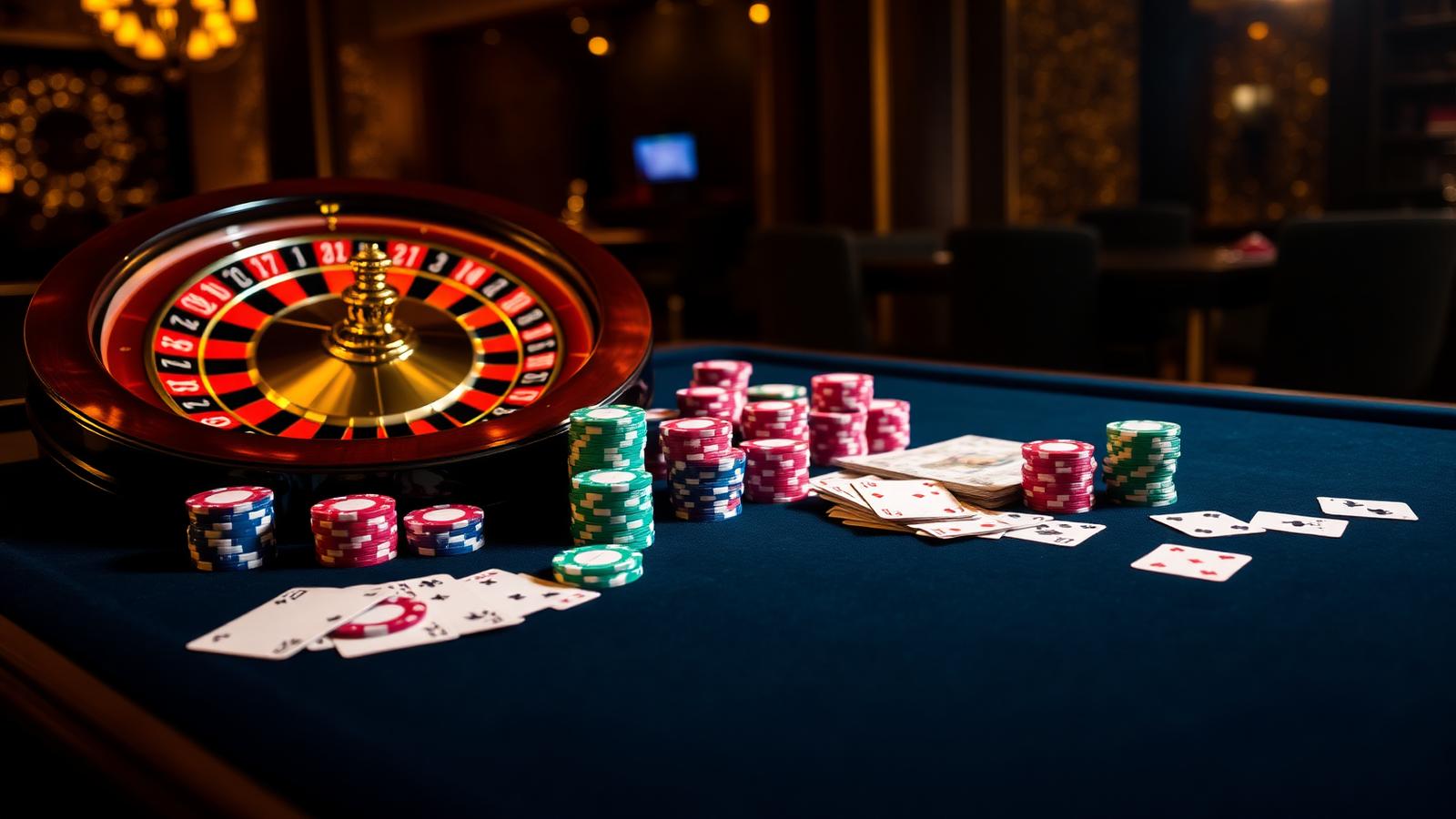 Casino chips en speelkaarten in warm licht — sfeer van een theatraal casino