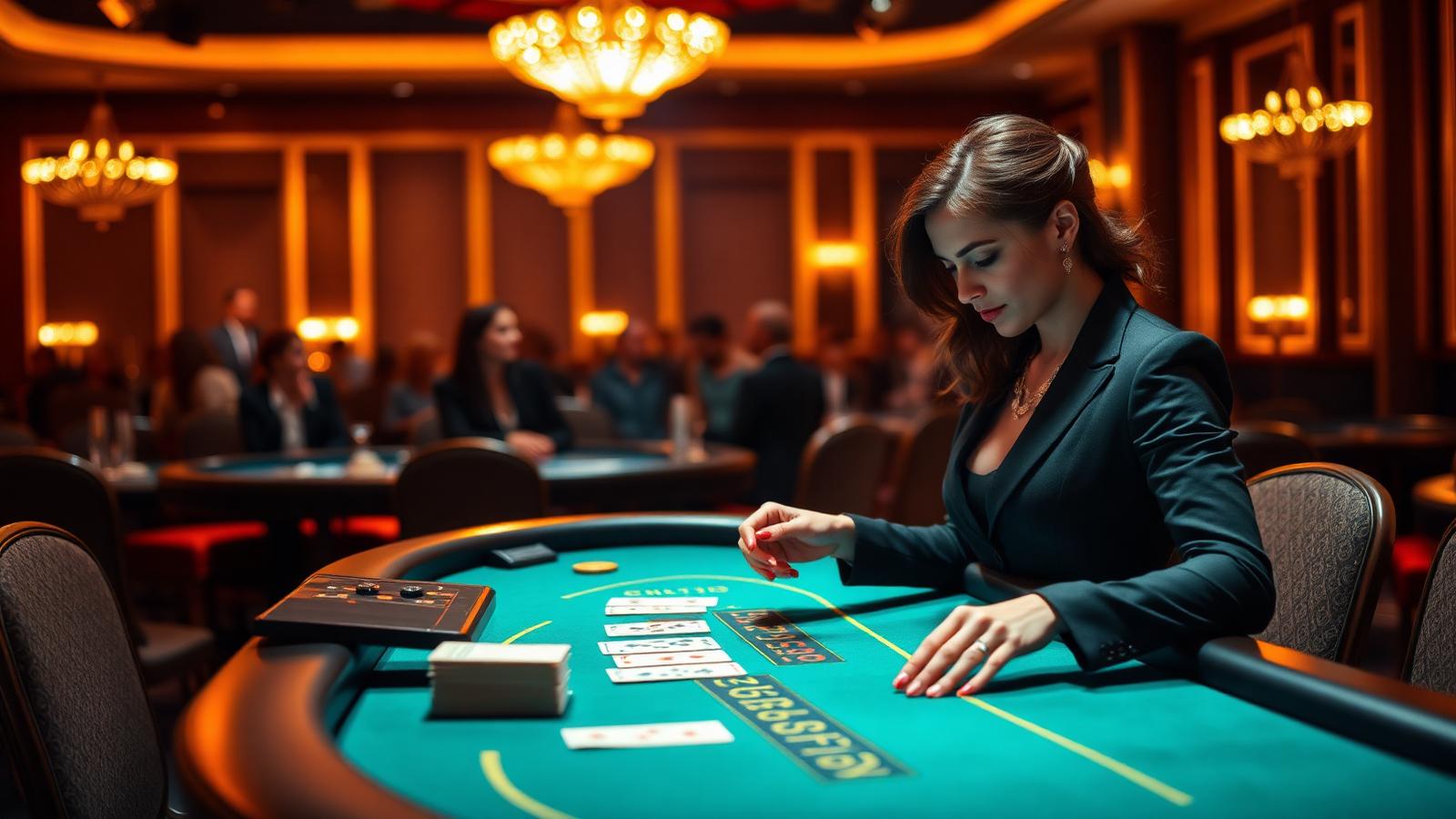 Een professionele dealer schudt speelkaarten aan een live casino tafel
